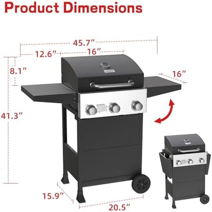 Veralune 3 Burner Gas Grill, Outdoor Propane Grill with Wheels, 445 SQ. IN