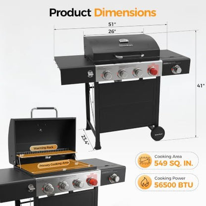 MASTER COOK 4 Burner Propane Gas Grill with Side Burner, 56,500 BTU with Sear Burner, 549 Sq.in. Cooking Area, Porcelain Enameled Grates,Stainless Steel BBQ Grills for Outdoor Cooking Patio Garden