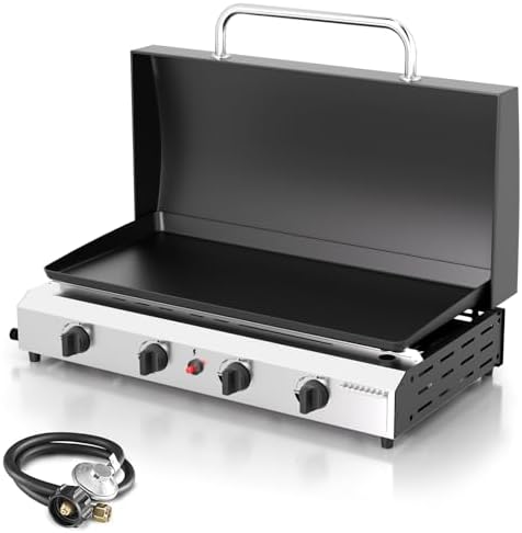 4 Burner BBQ Gas Griddle with Hood, 30 Inch Stainless Steel Portable Detachable Propane Griddle, 60,000 BTU Flat Top Barbecue Grill with Lid for Camping,Silver