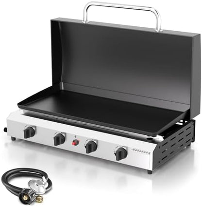 4 Burner BBQ Gas Griddle with Hood, 30 Inch Stainless Steel Portable Detachable Propane Griddle, 60,000 BTU Flat Top Barbecue Grill with Lid for Camping,Silver