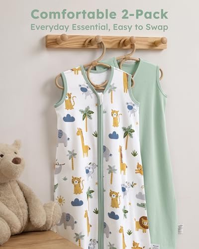Baby Sleep Sack 0-6 Months 0.5 TOG, 100% Cotton Baby Wearable Blanket 2 Pack with 2-Way Zipper, Lightweight Sleep Bag for Boys ＆ Girls Newborn Infant Breathable Sleeing Sack Green Animal