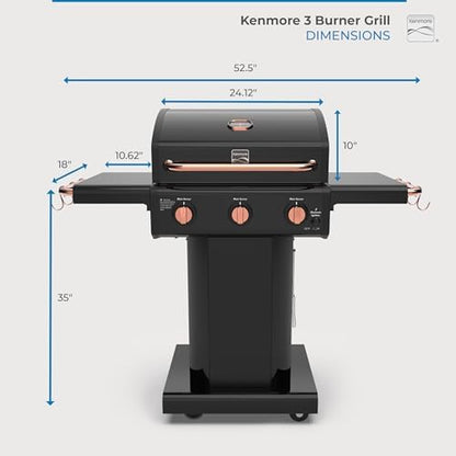 Kenmore 3-Burner Gas Grill | Foldable Side Tables, Cast Iron Cooking Grates, Warming Rack, Hooks for BBQ Grilling Tools, Propane Gas Barbecue Grill, 30,000 BTUs, Black with Copper Accent