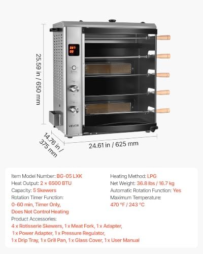 VEVOR Countertop Vertical Oven Brazilian Flame 5 Auto Rotating Skewers