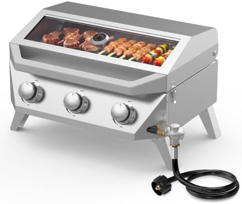 BESTFIRE 3 Burner Propane Grill, 30000 BTU Stainless Steel Tabletop BBQ, Portable Gas BBQ with Glass Lid, Thermometer & Dual Tank Adapter for 1lb/20lb, Outdoor Camping Tailgating 29.72" Wide