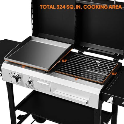 ROVSUN Dual Fuel Propane Gas Grill & Charcoal Grill Combo, 12000 BTU Freestanding Flat Top Griddle & Charcoal BBQ Grill with Ignition, Lids & Portable Cart for Outdoor Backyard Cooking Barbecue