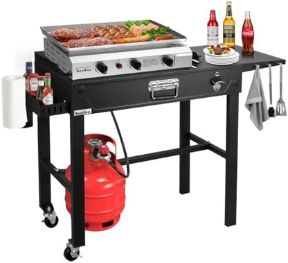 Outdoor Grill Table Cart with Wheels & 3-Burner Propane Gas Griddle Combo, 30,000 BTU Portable Flat Top Grill Station with Storage Shelf, Drip Tray & Accessories for Camping, Backyard BBQ, Tailgating
