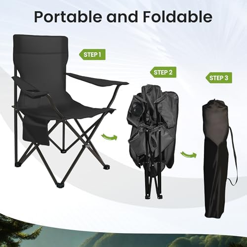 SUNW 2 Pack Folding Camping Chair, 300lbs Steel Frame Outdoor Chair with Cup Holder & Side Pocket for Camping Hiking Picnic Beach, Black