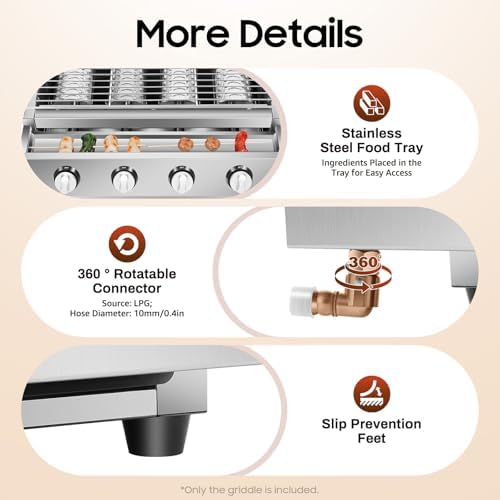 4 Burners BBQ Gas Grill, 22" Stainless Steel 4 Burners Adjustable Height Portable Tabletop LPG Grill with Removable Oil Catch Tray, Barbecue Grill for Camping, Tailgating, Outdoor Cooking