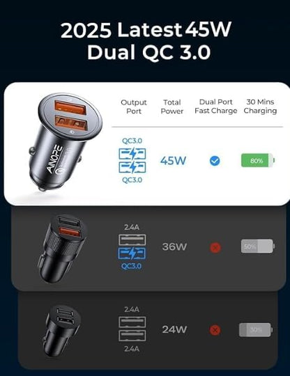 Super Fast Car Charger USB Car Charger Adapter 45W All Metal Lighter AINOPE Android USB Quick Charge for iPhone 17 Pro Max 16e 16 15 14 13 12 11pro x 8 Samsung S25 S24 S23 S22 Car Charger