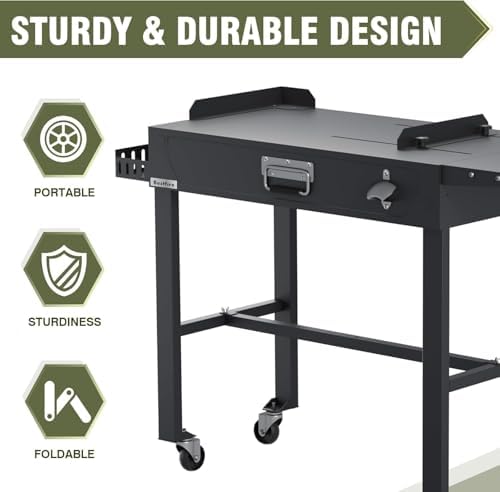 Outdoor Grill Table Cart with Wheels & 3-Burner Propane Gas Griddle Combo, 30,000 BTU Portable Flat Top Grill Station with Storage Shelf, Drip Tray & Accessories for Camping, Backyard BBQ, Tailgating