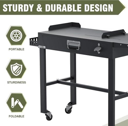 Outdoor Grill Table Cart with Wheels & 3-Burner Propane Gas Griddle Combo, 30,000 BTU Portable Flat Top Grill Station with Storage Shelf, Drip Tray & Accessories for Camping, Backyard BBQ, Tailgating