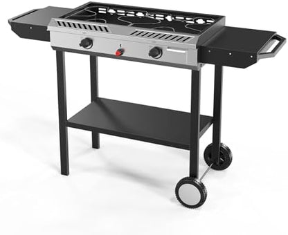 Bonnlo 2 Burner Propane Gas Burner with Auto Ignition, 150000 BTU Camping Stove with Storage Shelf and Rolling Wheels, Portable Outdoor Cooker for Patio Backyard Cooking Frying Boiling and Stewing