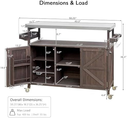 50.25" Outdoor Grill Cart with Stainless Steel Tabletop and Storage Cabinet, Rolling Bar Cart with Wheels, Solid Wood Outdoor Grill Table for BBQ Food Prep (Dark Brown)