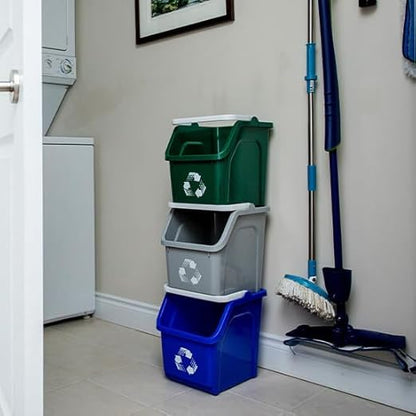 Multi Bin Recycling System with Three Stackable 6 Gallon Recycle Bins to Build Your Recycling Center for Offices, Kitchen, Garages, Businesses (3 Pack, Blue/Grey/Green)