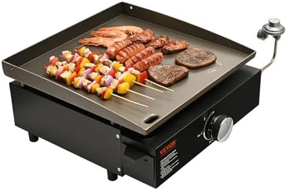 VEVOR Griddle, 16.9" Heavy Duty Manual Flat Top Griddle, Countertop Gas Grill with Non-Stick Cooking Plate, Steel Propane Gas Griddle, 1-Burners Restaurant Portable Grill - 22,000 BTU
