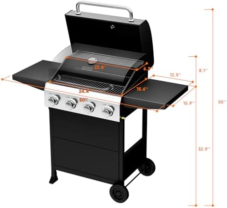 ROVSUN 4 Burner Propane Gas Grill with Foldable Side Shelves, 40000BTU BBQ Grills with Enameled Cast Iron Grates, Cabinet & Poratable Rolling Wheels for Outdoor Garden Patio Backyard Barbecue Cooking