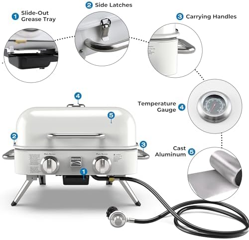 Kenmore Portable Propane Gas Grill - Tabletop BBQ Grill with Warming Rack, 2 Stainless Steel Burners with 14,000 BTUs, for Outdoor Kitchen, Camping, Pearl