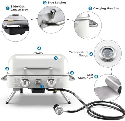 Kenmore Portable Propane Gas Grill - Tabletop BBQ Grill with Warming Rack, 2 Stainless Steel Burners with 14,000 BTUs, for Outdoor Kitchen, Camping, Pearl