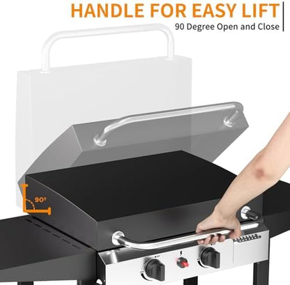 2 Burner BBQ Gas Griddle with Hood, 17.3 Inch Stainless Steel Portable Detachable Propane Griddle, 30,000 BTU Flat Top Barbecue Grill with Lid for Camping