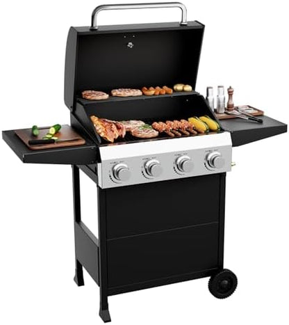 ROVSUN 4 Burner Propane Gas Grill with Foldable Side Shelves, 40000BTU BBQ Grills with Enameled Cast Iron Grates, Cabinet & Poratable Rolling Wheels for Outdoor Garden Patio Backyard Barbecue Cooking