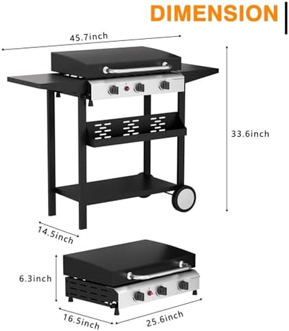 25.6'' Gas Griddle Flat Top Grill with Lid, 3-Burner Tabletop Portable Propane Griddle with Side Shelves for Outdoor Cooking, Camping & Tailgating Barbecue, 45,000BTU Output, Silver
