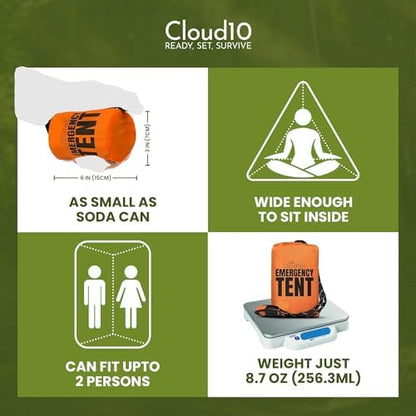 CloudTen Emergency Tent: Lightweight 2 Person Survival Tent with Multi-Function Paracord Bracelets - Essential Survival Gear & Bug Out Bag Items for Preppers, Hikers, Survivalists, Campers, Boy Scouts