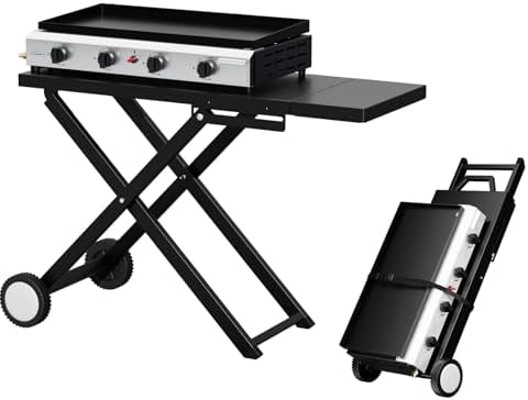 Bonnlo Foldable Flat Top Grill with 4 Burner, Powerful 40,000 BTU Propane Gas Grills with Ignition, Enamel Griddle, Side Shelf & Portable Cart with Wheels for Outdoor Camping Hibachi Grill Use