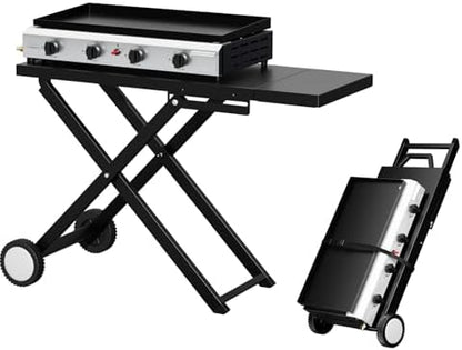Bonnlo Foldable Flat Top Grill with 4 Burner, Powerful 40,000 BTU Propane Gas Grills with Ignition, Enamel Griddle, Side Shelf & Portable Cart with Wheels for Outdoor Camping Hibachi Grill Use