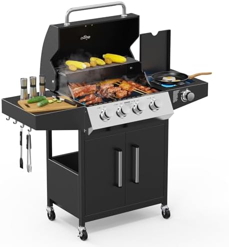 ROVSUN 4 Burner Propane Gas Grill with Side Burner, 58,000BTU BBQ Grills with Enameled Cast Iron Grates, Shelf & Cabinet for Outdoor Garden Patio Backyard Barbecue Cooking