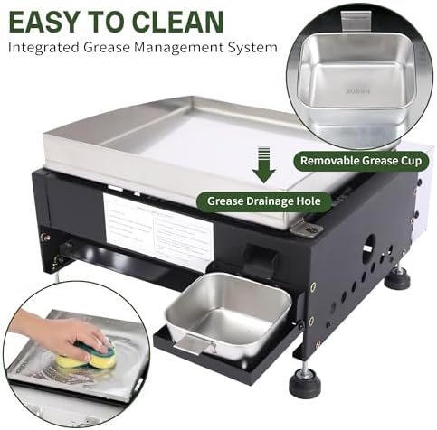 2-Burner Propane Griddle with Storage Cover, Portable Camping Griddle with Stainless Steel Cooking Surface, 20,000 BTU Tabletop Gas Griddle for Outdoor BBQ, Tailgating, RV Trips