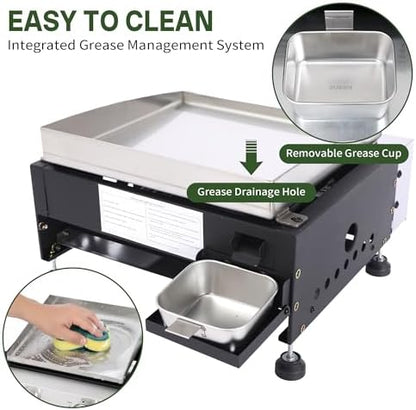 2-Burner Propane Griddle with Storage Cover, Portable Camping Griddle with Stainless Steel Cooking Surface, 20,000 BTU Tabletop Gas Griddle for Outdoor BBQ, Tailgating, RV Trips