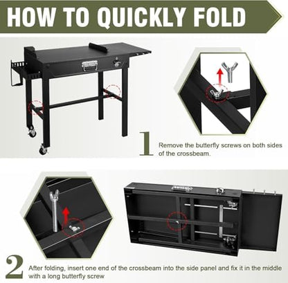 Outdoor Grill Table Cart with Wheels & 3-Burner Propane Gas Griddle Combo, 30,000 BTU Portable Flat Top Grill Station with Storage Shelf, Drip Tray & Accessories for Camping, Backyard BBQ, Tailgating