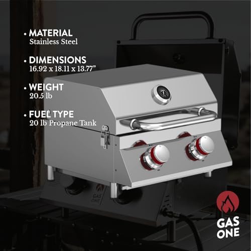 GasOne Portable Propane Grill – 16-inch Stainless Steel Tabletop Grill – Tabletop Gas Grill with Heat Control and Built-In Thermometer – Large Cooking Area – Ideal for Outdoor, Camping, Travel, RV