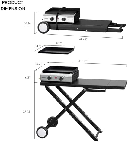 ROVSUN 2 Burner Foldable Propane Griddle with Wheels & Enameled Tray, 20000 BTU Portable Flat Top Gas Grill with Electronic Ignition & Regulator for Outdoor Cooking Camping BBQ Tailgating Picnicking