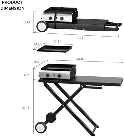 ROVSUN 2 Burner Foldable Propane Griddle with Wheels & Enameled Tray, 20000 BTU Portable Flat Top Gas Grill with Electronic Ignition & Regulator for Outdoor Cooking Camping BBQ Tailgating Picnicking