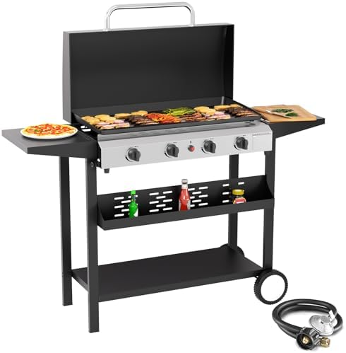 SKOK Propane Gas Griddle with Hood - Flat Top Grill with Standing Cart