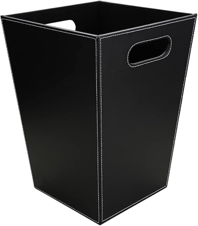 KINGFOM Classic Pu Leather Trash Can Wastebasket, Garbage Container Bin with Handles for Bathrooms, Powder Rooms, Kitchens, Home, Office and and High Class Hotel Square Black