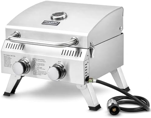 ROVSUN 20000 BTU Stainless Steel Propane Gas Grill with Ignition, 2 Burner Portable Tabletop Grill with Folding Legs & Lockable Lid for Outdoor Patio Garden BBQ Picnic RV Tailgating Camping Cooking