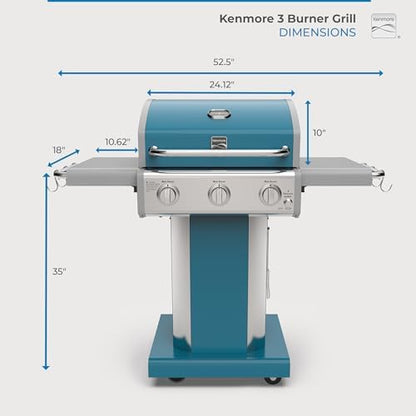 Kenmore 3-Burner Propane BBQ Grill, 30,000 BTUs Gas Grill with Cast Iron Cooking Grates, Folding Side Tables & Wheels, Outdoor Grill with Tool Hooks, Teal