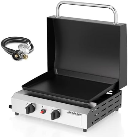 2 Burner BBQ Gas Griddle with Hood, 17.3 Inch Stainless Steel Portable Detachable Propane Griddle, 30,000 BTU Flat Top Barbecue Grill with Lid for Camping
