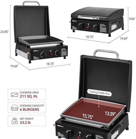 Royal Gourmet PD1502H Portable 2-Burner Gas Griddle with Hood, Black