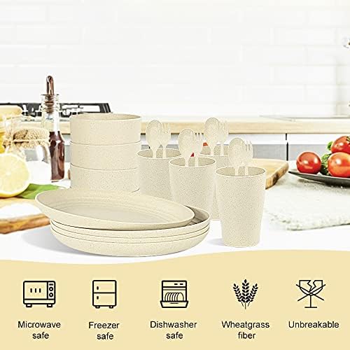 Homienly Wheat Straw Dinnerware Sets, 20pcs Lightweight Unbreakable Dinnerware, Microwave Dishwasher Safe Bowls Cups Forks Spoons set,Perfect for Camping Outdoor, Beige