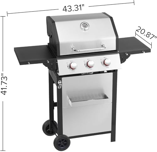 3 Burner Propane Gas Grill, Stainless Steel Cabinet with Side Table & Full-Size Grease Tray, BBQ Grills with Thermometer for Outdoor Cooking, Patio, BBQ