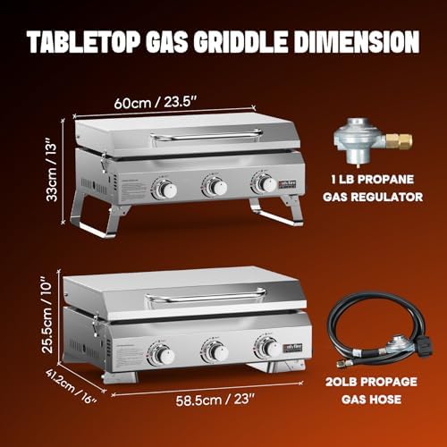 ONLYFIRE GRILLS Tabletop Gas Griddle with Foldable Legs, 3 Burners GS309V