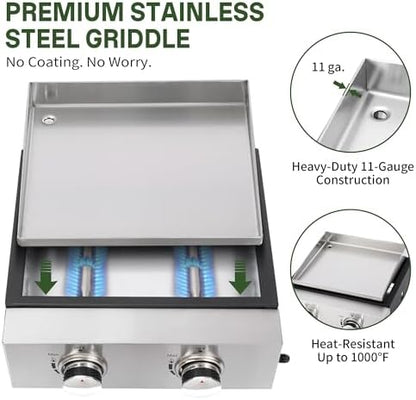 2-Burner Propane Griddle with Storage Cover, Portable Camping Griddle with Stainless Steel Cooking Surface, 20,000 BTU Tabletop Gas Griddle for Outdoor BBQ, Tailgating, RV Trips