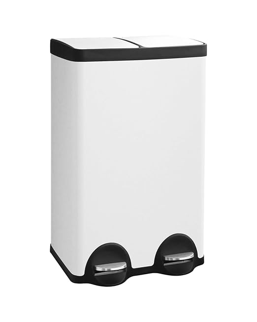 Dual Compartment Stainless Steel Trash Can, 16 Gallon / 60 Liters White Kitchen Garbage Bin with Silent Sealed Lids, Dual Recycling and Trash White for Home & Office