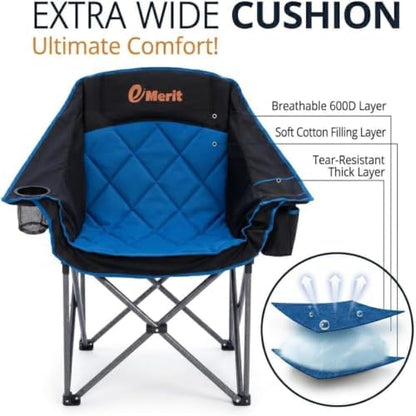 EMERIT 2 Pack Oversized Padded Camping Chair for Big Tall Adults, 500 LBS Heavy Duty Foldable Quad Lawn Chair, 19.68" High Seat, 4-Layer Cushion, Cup Holder, Camping Tailgating Backyard Patio, Blue