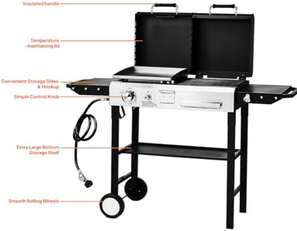 ROVSUN Dual Fuel Propane Gas Grill & Charcoal Grill Combo, 12000 BTU Freestanding Flat Top Griddle & Charcoal BBQ Grill with Ignition, Lids & Portable Cart for Outdoor Backyard Cooking Barbecue