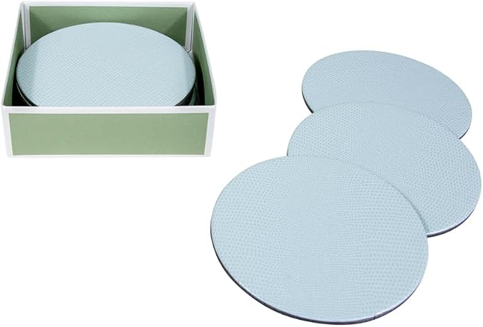 Caspari Soft Aqua Lizard Round Coasters – 4” Decorative Faux Leather Coasters