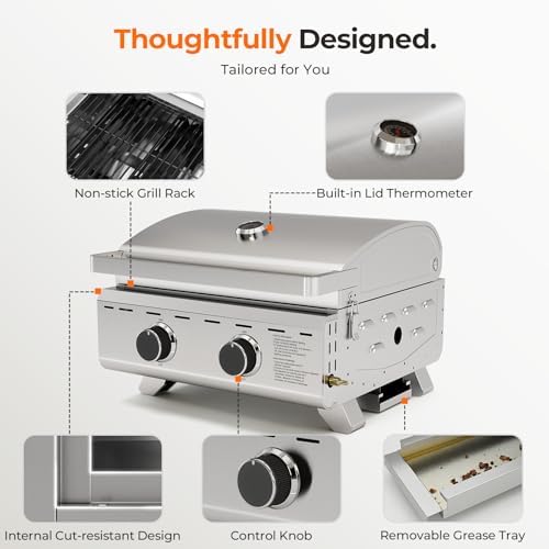 Electactic 20,000 BTUs Portable Tabletop Gas Grill, 2-Burner Propane Grill with 251 Sq.in Cooking Area, Stainless Steel BBQ Grill with Foldable Legs, Easy Assemble & Clean for Patio, Camping, Tailgate